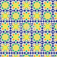 青と白地の花と太陽風のパターンタイル模様