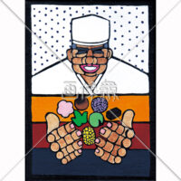 和菓子職人の版画風のイラスト