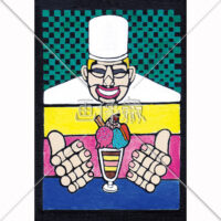 パフェを作るシェフの版画風のイラスト