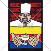 プリンを作るシェフの版画風のイラスト