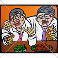 居酒屋で飲むサラリーマンの版画風のイラスト