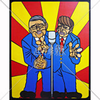 漫才をしている時の版画風のイラスト