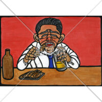 居酒屋で飲むサラリーマンの版画風のイラスト